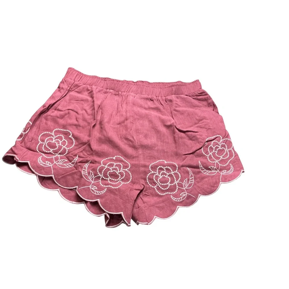 Dusty Rose Floral Embroidered Scalloped Hem Linen Blend Shorts Womens XL - Picture 2 of 15